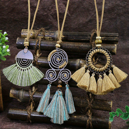 Boho-Chic 3pcs Set: Vintage-Inspired Tassel & Flower Pendant Necklaces with Rhinestone Accents - Zinc Alloy, Antique Bronze Finish for Casual Attire