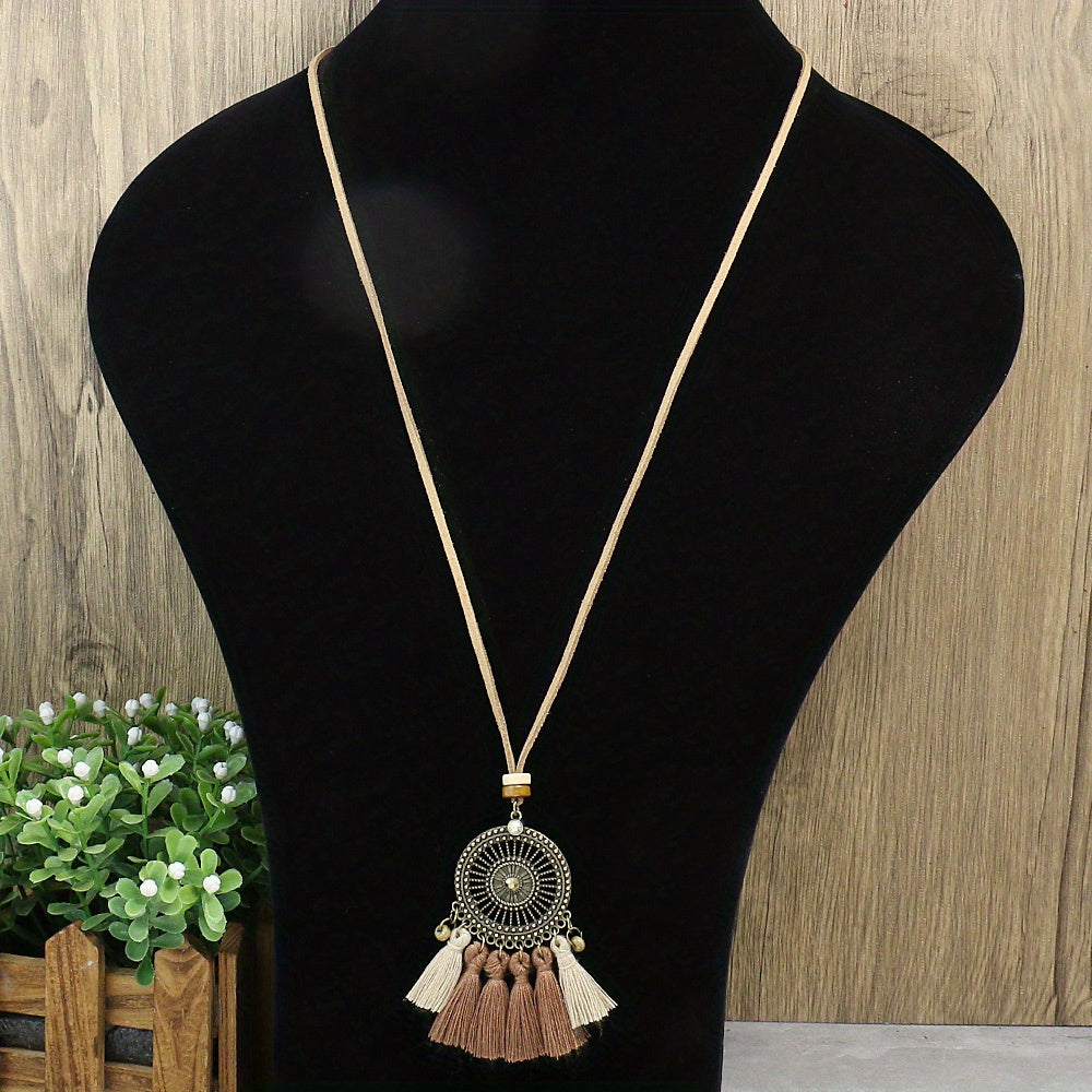 Boho-Chic 3pcs Set: Vintage-Inspired Tassel & Flower Pendant Necklaces with Rhinestone Accents - Zinc Alloy, Antique Bronze Finish for Casual Attire