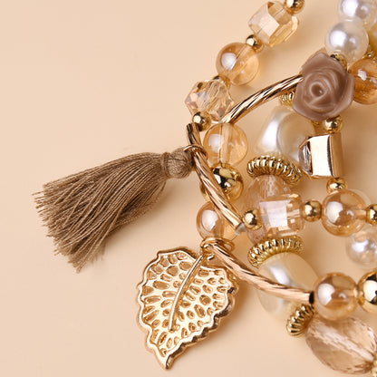 Leaf & Tassel Beaded Bracelet Kit Personality Bohemian Style Multilayer Hand Jewelry 4 Pcs