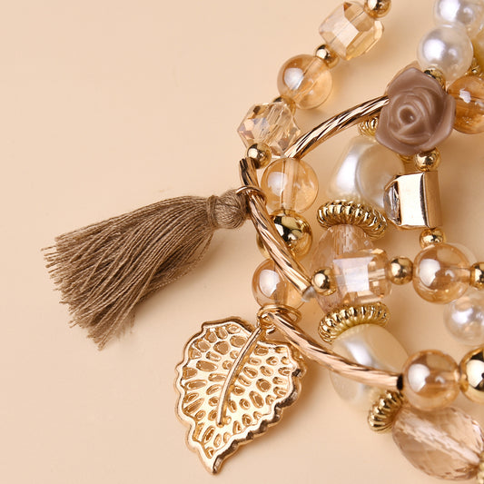 Leaf & Tassel Beaded Bracelet Kit Personality Bohemian Style Multilayer Hand Jewelry 4 Pcs