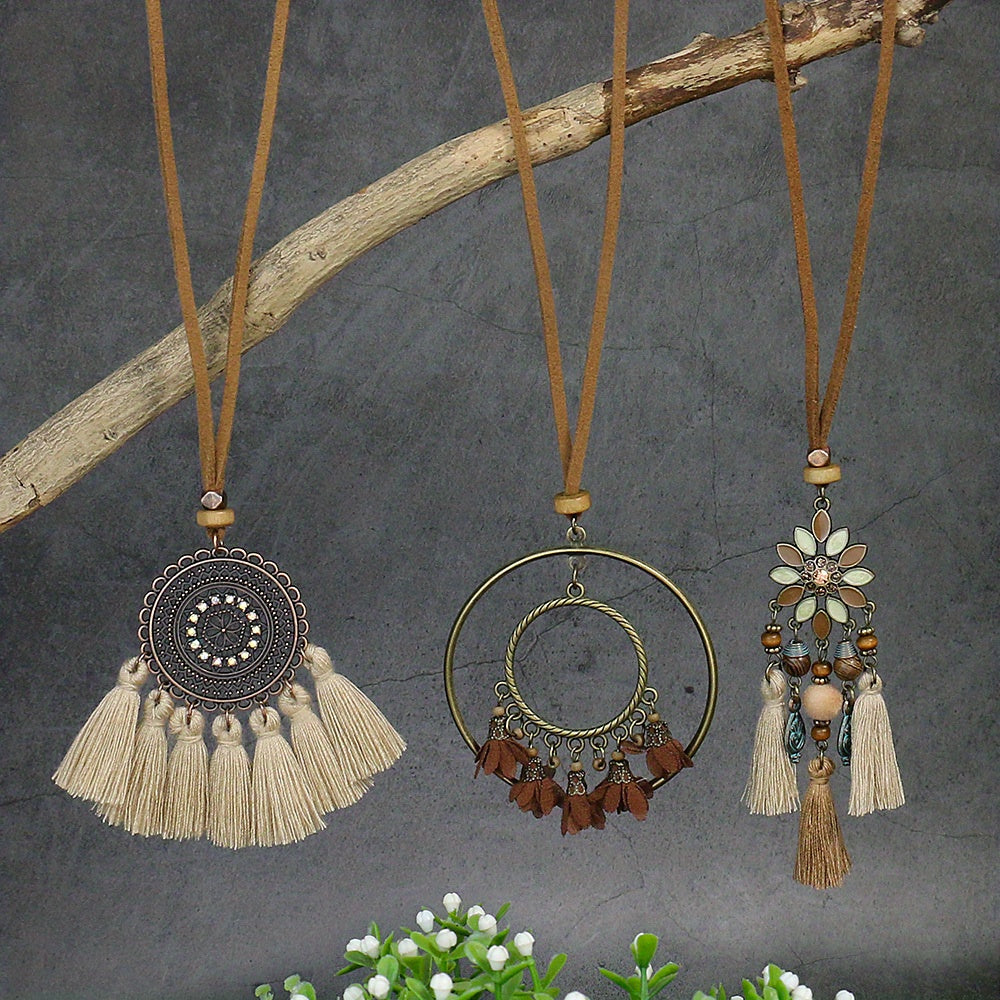 Boho-Chic 3pcs Set: Vintage-Inspired Tassel & Flower Pendant Necklaces with Rhinestone Accents - Zinc Alloy, Antique Bronze Finish for Casual Attire