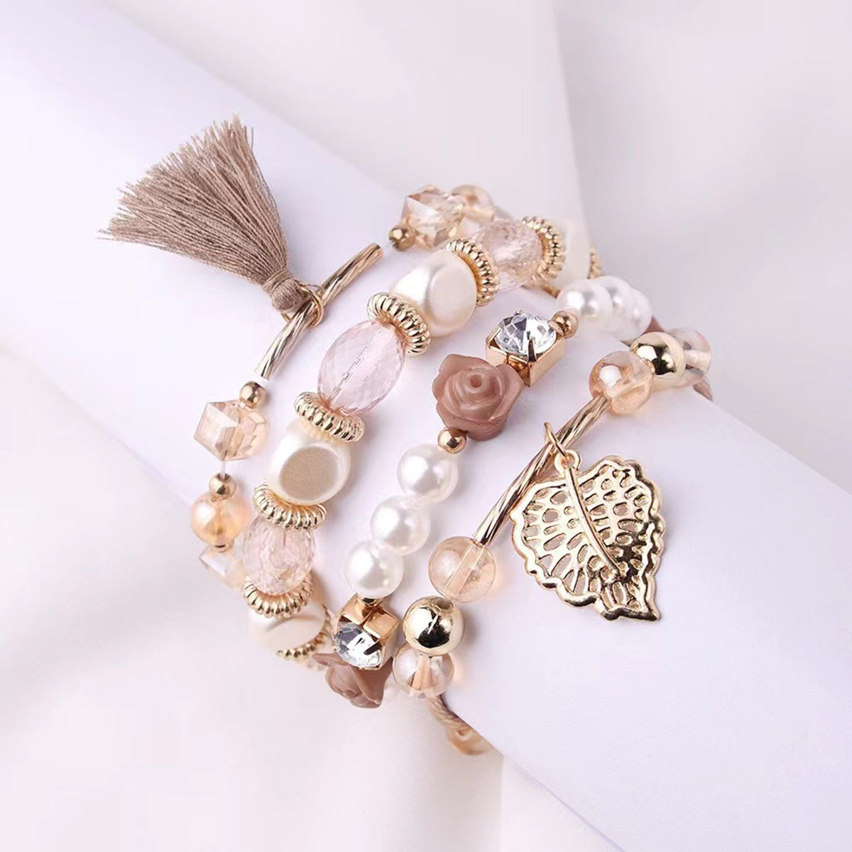 Leaf & Tassel Beaded Bracelet Kit Personality Bohemian Style Multilayer Hand Jewelry 4 Pcs