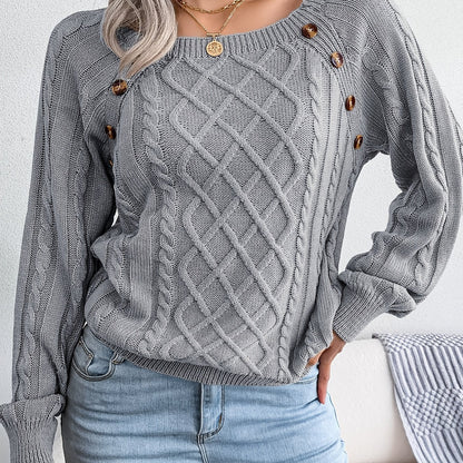 Autumn/Winter European and American Casual Solid Color Square Neck Button Twist Long Sleeve Pullover Sweater