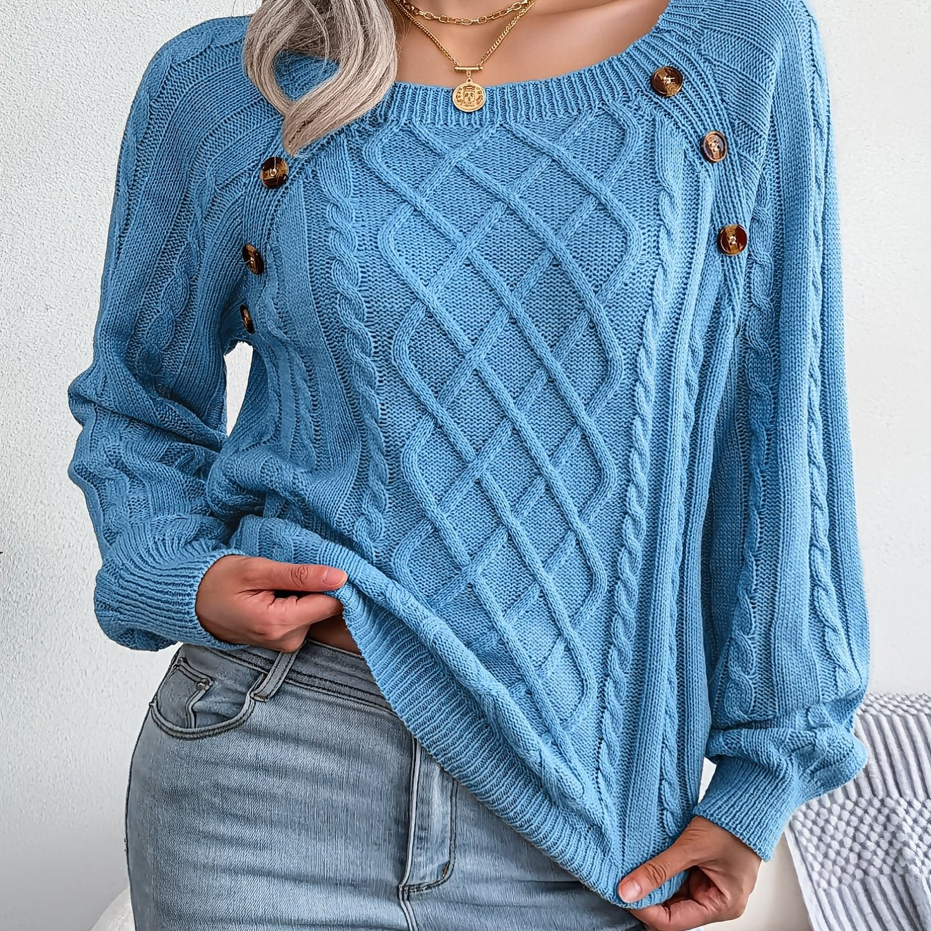 Autumn/Winter European and American Casual Solid Color Square Neck Button Twist Long Sleeve Pullover Sweater