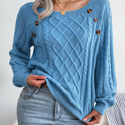 Autumn/Winter European and American Casual Solid Color Square Neck Button Twist Long Sleeve Pullover Sweater