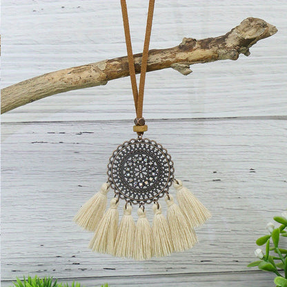 Boho-Chic 3pcs Set: Vintage-Inspired Tassel & Flower Pendant Necklaces with Rhinestone Accents - Zinc Alloy, Antique Bronze Finish for Casual Attire