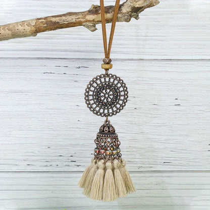 Boho-Chic 3pcs Set: Vintage-Inspired Tassel & Flower Pendant Necklaces with Rhinestone Accents - Zinc Alloy, Antique Bronze Finish for Casual Attire