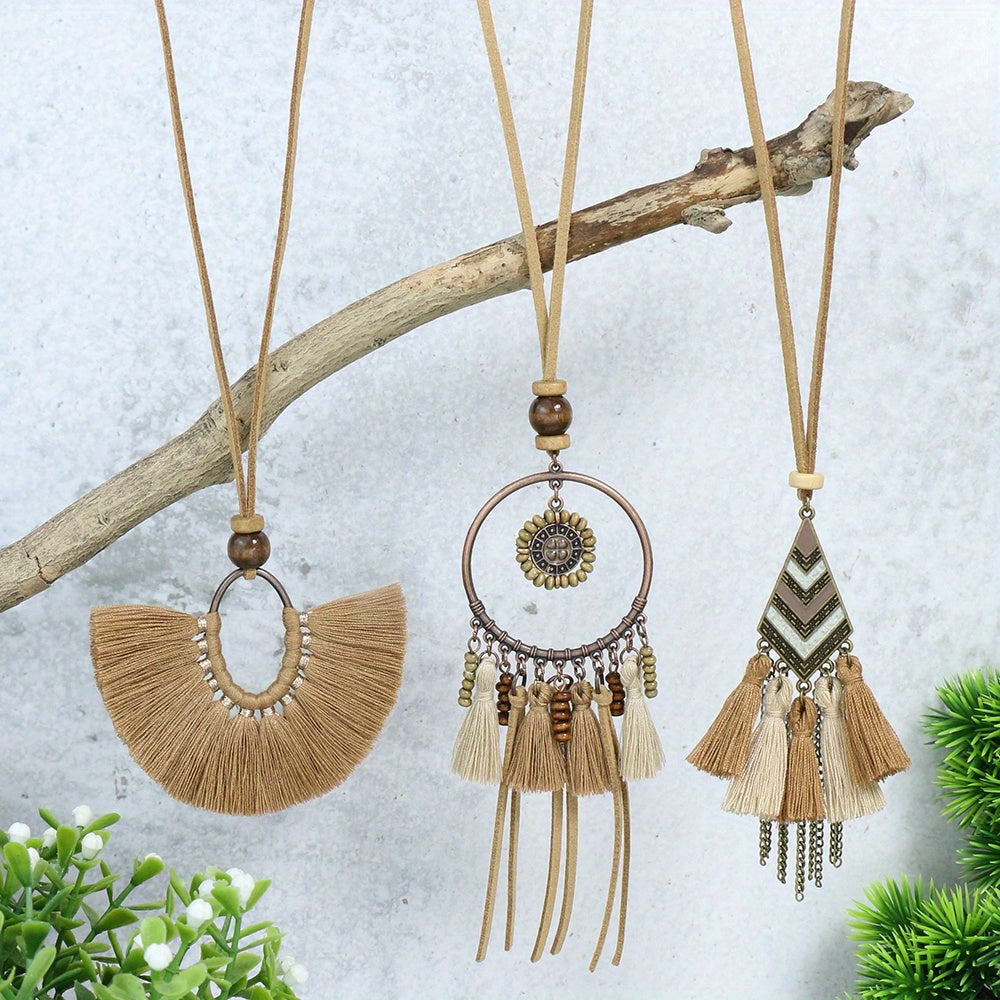 Boho-Chic 3pcs Set: Vintage-Inspired Tassel & Flower Pendant Necklaces with Rhinestone Accents - Zinc Alloy, Antique Bronze Finish for Casual Attire