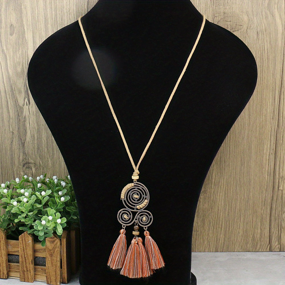 Boho-Chic 3pcs Set: Vintage-Inspired Tassel & Flower Pendant Necklaces with Rhinestone Accents - Zinc Alloy, Antique Bronze Finish for Casual Attire
