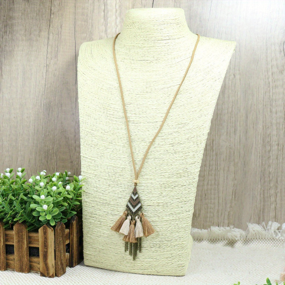 Boho-Chic 3pcs Set: Vintage-Inspired Tassel & Flower Pendant Necklaces with Rhinestone Accents - Zinc Alloy, Antique Bronze Finish for Casual Attire