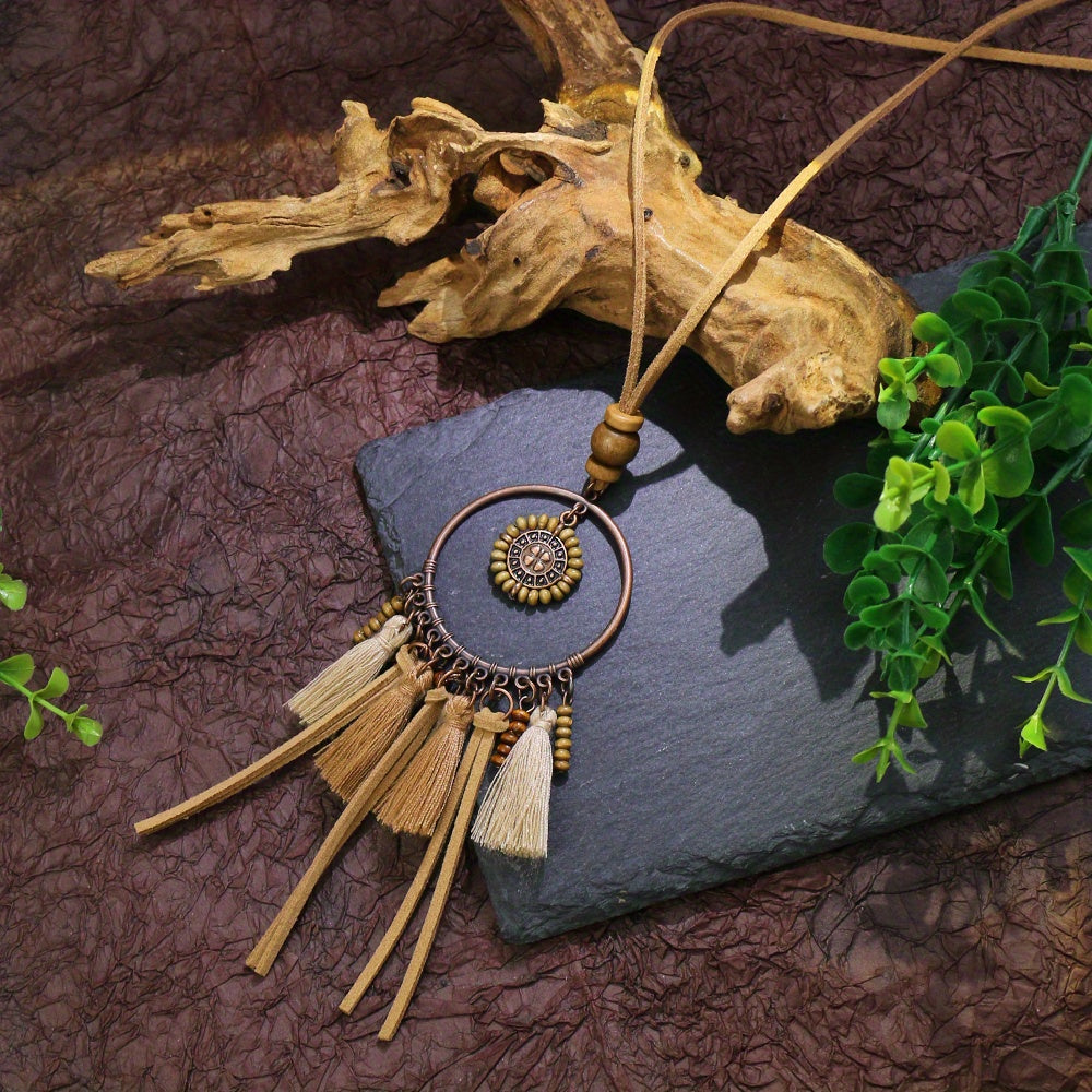 Boho-Chic 3pcs Set: Vintage-Inspired Tassel & Flower Pendant Necklaces with Rhinestone Accents - Zinc Alloy, Antique Bronze Finish for Casual Attire