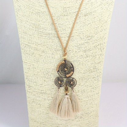 Boho-Chic 3pcs Set: Vintage-Inspired Tassel & Flower Pendant Necklaces with Rhinestone Accents - Zinc Alloy, Antique Bronze Finish for Casual Attire