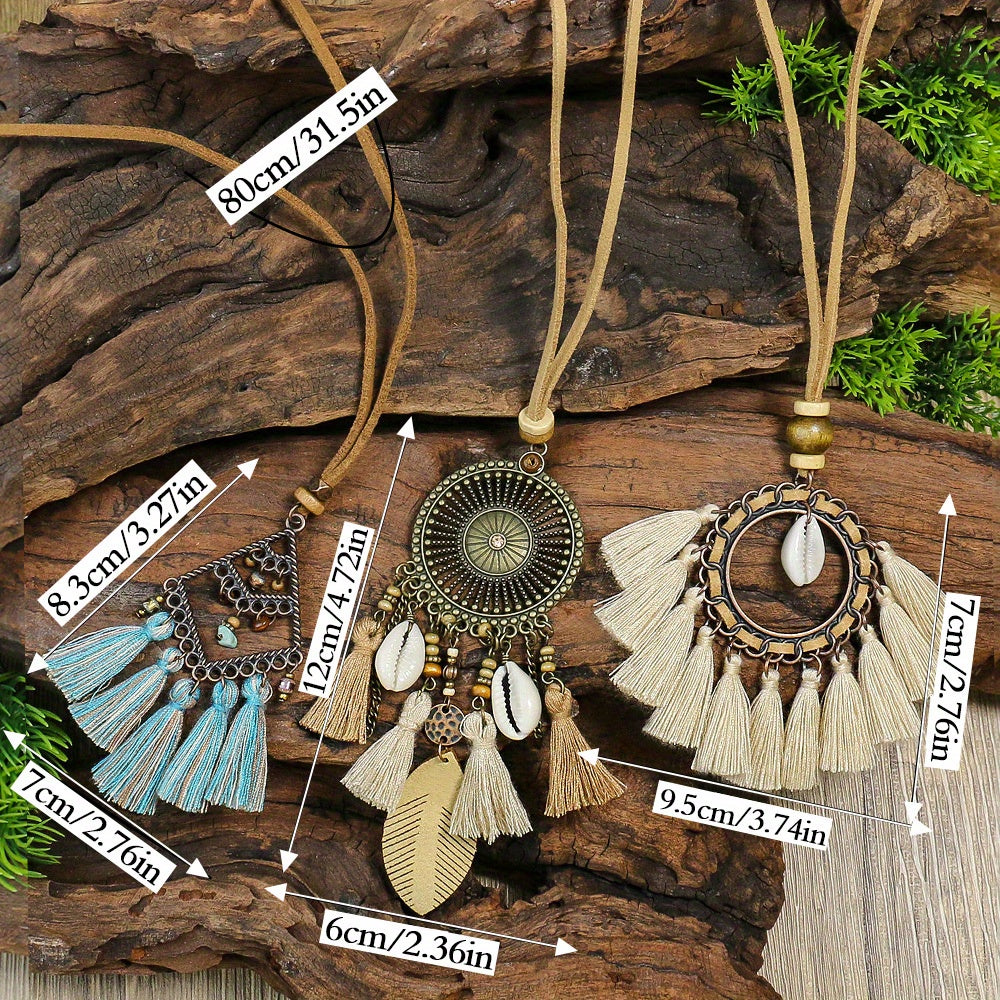 Boho-Chic 3pcs Set: Vintage-Inspired Tassel & Flower Pendant Necklaces with Rhinestone Accents - Zinc Alloy, Antique Bronze Finish for Casual Attire