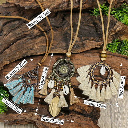 Boho-Chic 3pcs Set: Vintage-Inspired Tassel & Flower Pendant Necklaces with Rhinestone Accents - Zinc Alloy, Antique Bronze Finish for Casual Attire