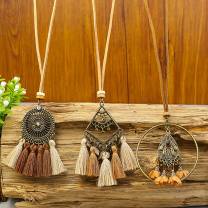 Boho-Chic 3pcs Set: Vintage-Inspired Tassel & Flower Pendant Necklaces with Rhinestone Accents - Zinc Alloy, Antique Bronze Finish for Casual Attire
