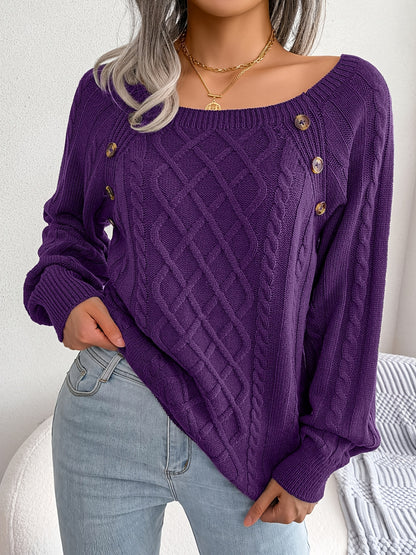 Autumn/Winter European and American Casual Solid Color Square Neck Button Twist Long Sleeve Pullover Sweater