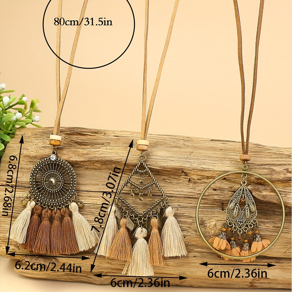 Boho-Chic 3pcs Set: Vintage-Inspired Tassel & Flower Pendant Necklaces with Rhinestone Accents - Zinc Alloy, Antique Bronze Finish for Casual Attire