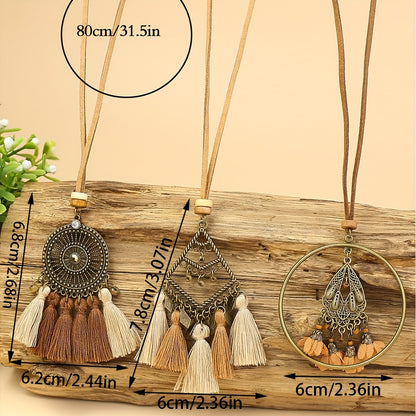 Boho-Chic 3pcs Set: Vintage-Inspired Tassel & Flower Pendant Necklaces with Rhinestone Accents - Zinc Alloy, Antique Bronze Finish for Casual Attire