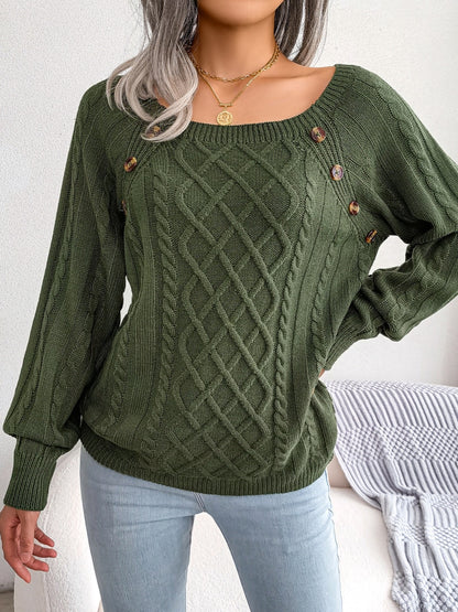 Autumn/Winter European and American Casual Solid Color Square Neck Button Twist Long Sleeve Pullover Sweater