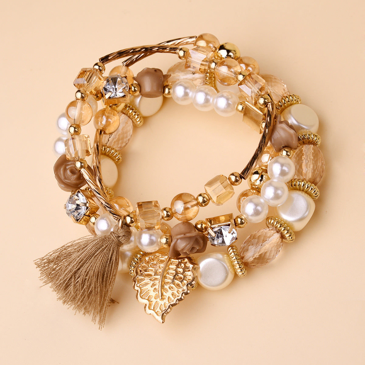 Leaf & Tassel Beaded Bracelet Kit Personality Bohemian Style Multilayer Hand Jewelry 4 Pcs