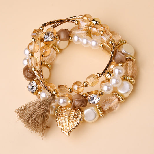 Leaf & Tassel Beaded Bracelet Kit Personality Bohemian Style Multilayer Hand Jewelry 4 Pcs