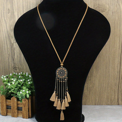 Boho-Chic 3pcs Set: Vintage-Inspired Tassel & Flower Pendant Necklaces with Rhinestone Accents - Zinc Alloy, Antique Bronze Finish for Casual Attire
