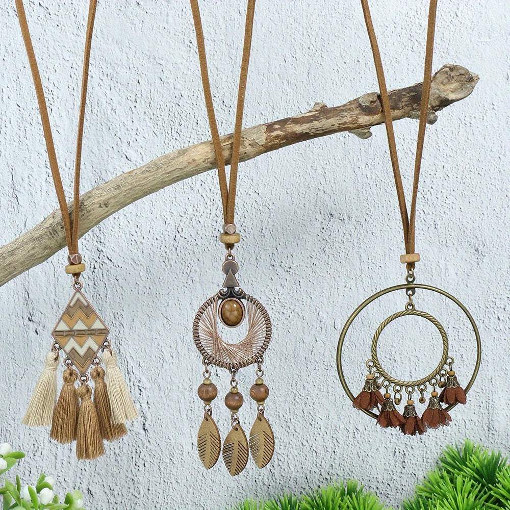 Boho-Chic 3pcs Set: Vintage-Inspired Tassel & Flower Pendant Necklaces with Rhinestone Accents - Zinc Alloy, Antique Bronze Finish for Casual Attire