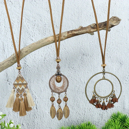 Boho-Chic 3pcs Set: Vintage-Inspired Tassel & Flower Pendant Necklaces with Rhinestone Accents - Zinc Alloy, Antique Bronze Finish for Casual Attire