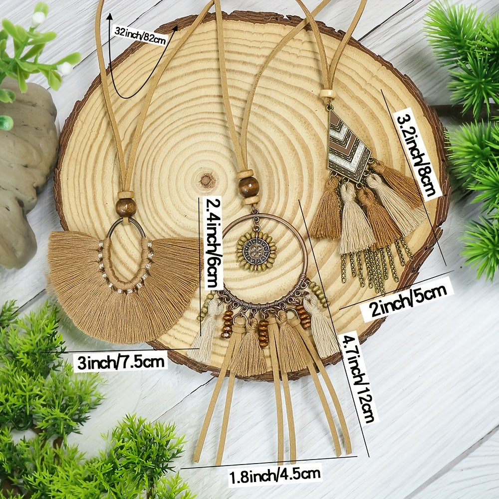 Boho-Chic 3pcs Set: Vintage-Inspired Tassel & Flower Pendant Necklaces with Rhinestone Accents - Zinc Alloy, Antique Bronze Finish for Casual Attire