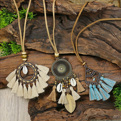 Boho-Chic 3pcs Set: Vintage-Inspired Tassel & Flower Pendant Necklaces with Rhinestone Accents - Zinc Alloy, Antique Bronze Finish for Casual Attire