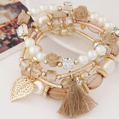 Leaf & Tassel Beaded Bracelet Kit Personality Bohemian Style Multilayer Hand Jewelry 4 Pcs