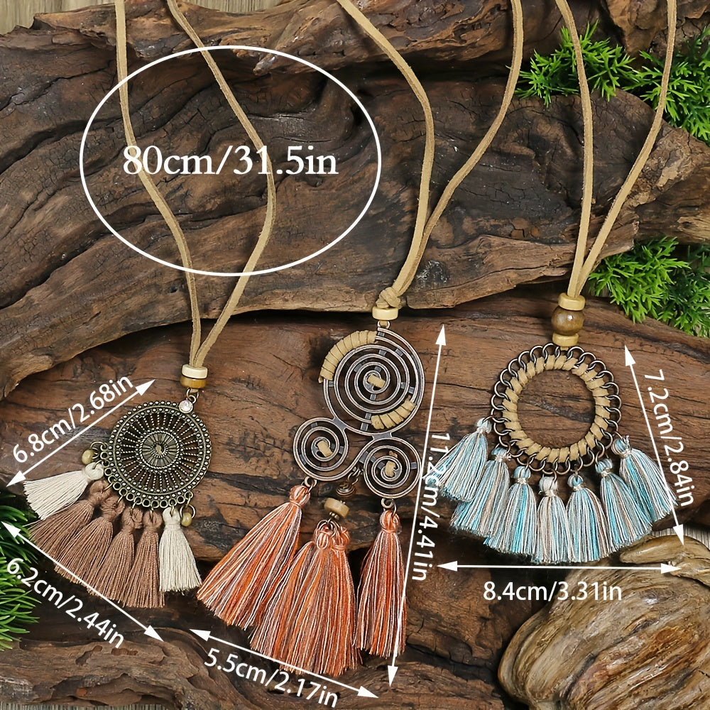 Boho-Chic 3pcs Set: Vintage-Inspired Tassel & Flower Pendant Necklaces with Rhinestone Accents - Zinc Alloy, Antique Bronze Finish for Casual Attire