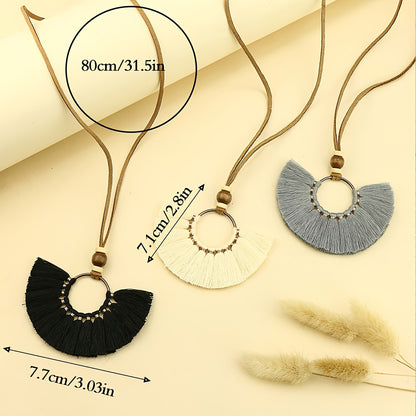 Boho-Chic 3pcs Set: Vintage-Inspired Tassel & Flower Pendant Necklaces with Rhinestone Accents - Zinc Alloy, Antique Bronze Finish for Casual Attire
