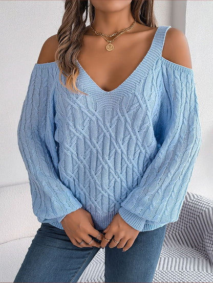 Autumn Winter Casual Solid Color Knitted Sweater 2026 Fried Dough Twists Off Shoulder Long Lantern Sleeve Pullover Blue White