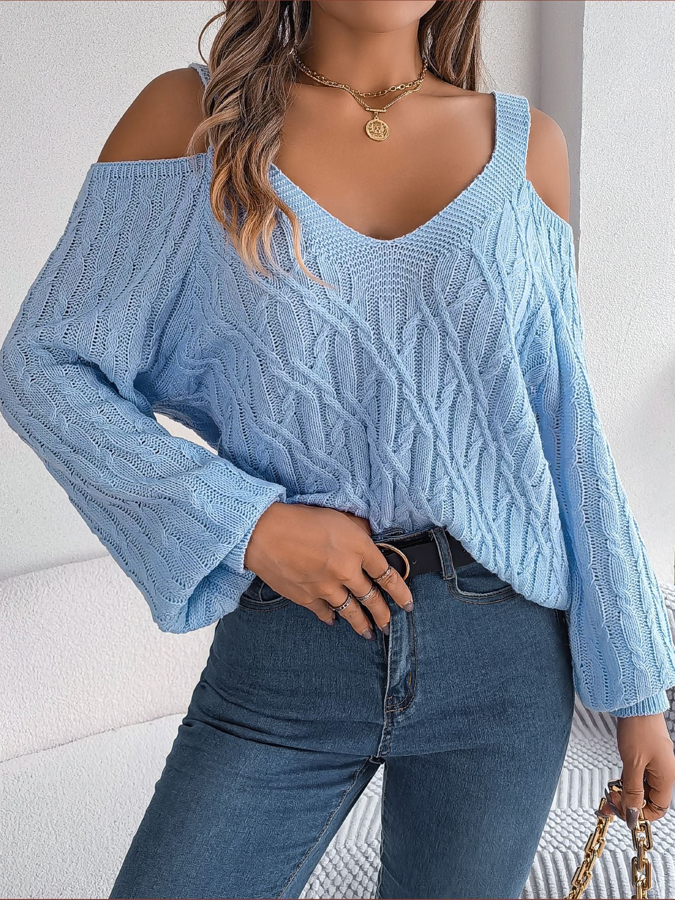 Autumn Winter Casual Solid Color Knitted Sweater 2026 Fried Dough Twists Off Shoulder Long Lantern Sleeve Pullover Blue White