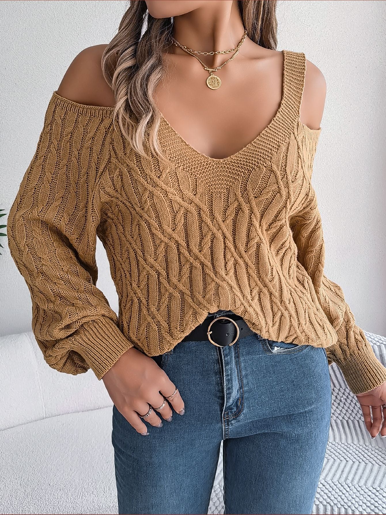 Autumn Winter Casual Solid Color Knitted Sweater 2026 Fried Dough Twists Off Shoulder Long Lantern Sleeve Pullover Blue White