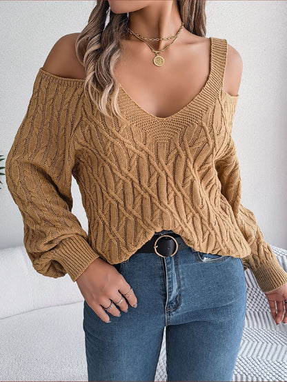 Autumn Winter Casual Solid Color Knitted Sweater 2026 Fried Dough Twists Off Shoulder Long Lantern Sleeve Pullover Blue White