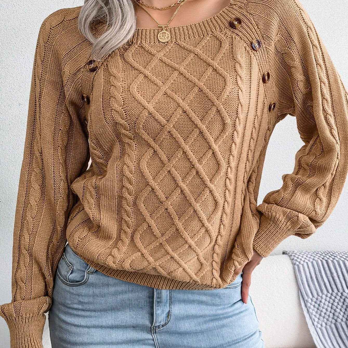 Autumn/Winter European and American Casual Solid Color Square Neck Button Twist Long Sleeve Pullover Sweater