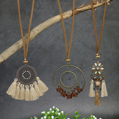Boho-Chic 3pcs Set: Vintage-Inspired Tassel & Flower Pendant Necklaces with Rhinestone Accents - Zinc Alloy, Antique Bronze Finish for Casual Attire