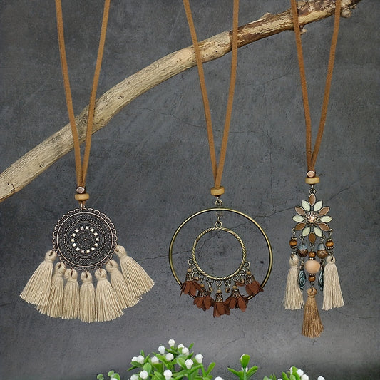 Boho-Chic 3pcs Set: Vintage-Inspired Tassel & Flower Pendant Necklaces with Rhinestone Accents - Zinc Alloy, Antique Bronze Finish for Casual Attire