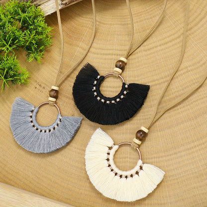 Boho-Chic 3pcs Set: Vintage-Inspired Tassel & Flower Pendant Necklaces with Rhinestone Accents - Zinc Alloy, Antique Bronze Finish for Casual Attire