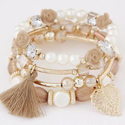 Leaf & Tassel Beaded Bracelet Kit Personality Bohemian Style Multilayer Hand Jewelry 4 Pcs