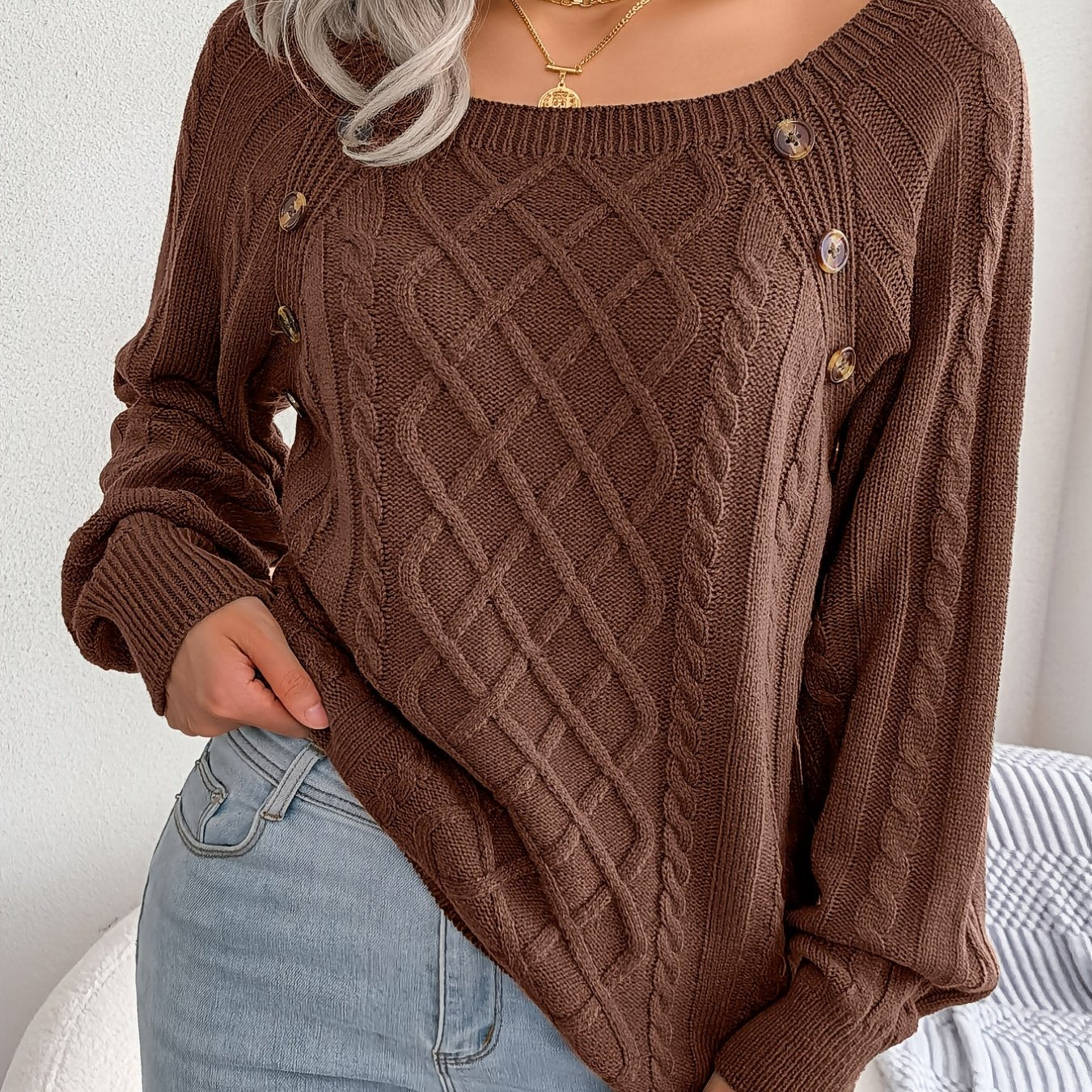 Autumn/Winter European and American Casual Solid Color Square Neck Button Twist Long Sleeve Pullover Sweater