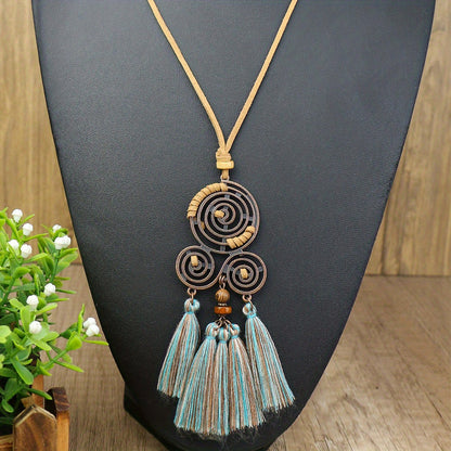 Boho-Chic 3pcs Set: Vintage-Inspired Tassel & Flower Pendant Necklaces with Rhinestone Accents - Zinc Alloy, Antique Bronze Finish for Casual Attire