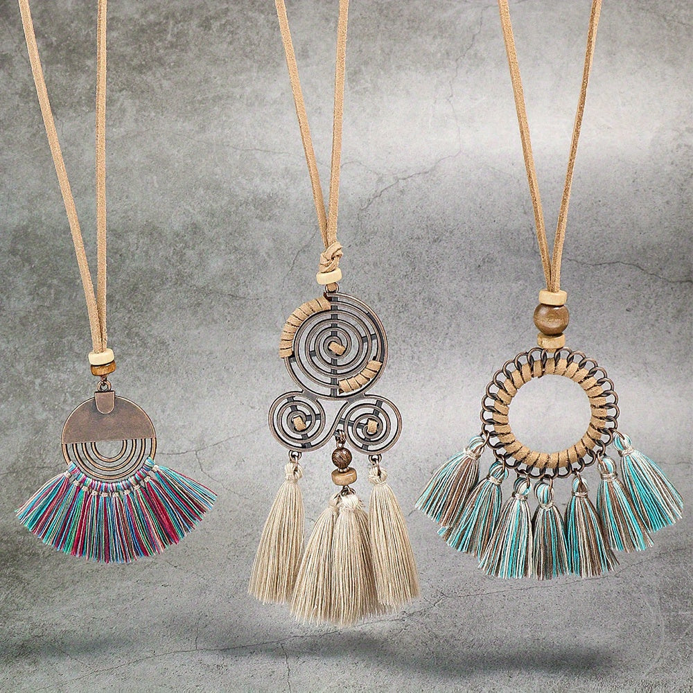 Boho-Chic 3pcs Set: Vintage-Inspired Tassel & Flower Pendant Necklaces with Rhinestone Accents - Zinc Alloy, Antique Bronze Finish for Casual Attire
