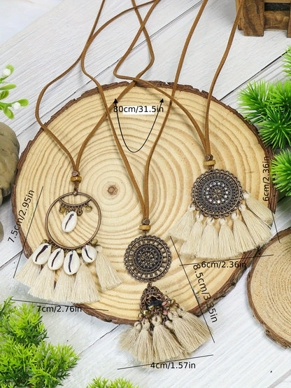 Boho-Chic 3pcs Set: Vintage-Inspired Tassel & Flower Pendant Necklaces with Rhinestone Accents - Zinc Alloy, Antique Bronze Finish for Casual Attire