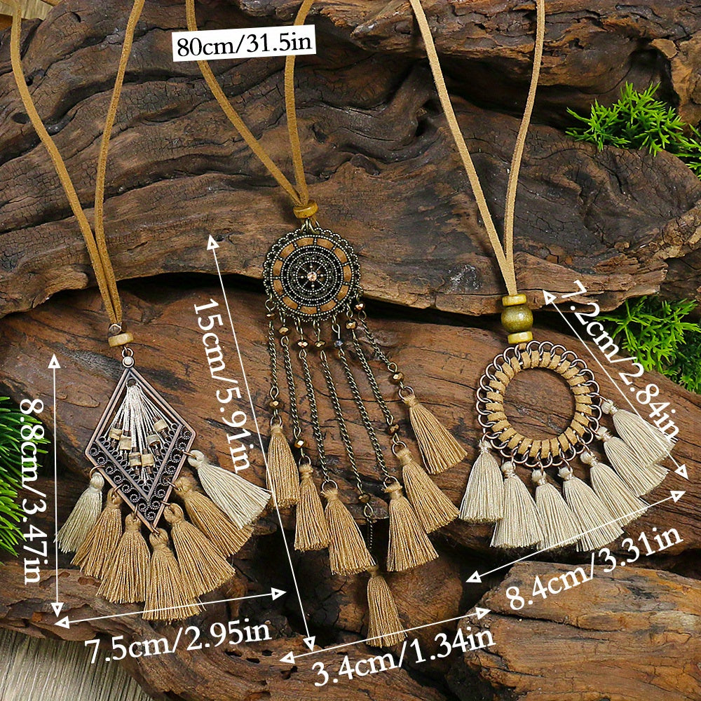 Boho-Chic 3pcs Set: Vintage-Inspired Tassel & Flower Pendant Necklaces with Rhinestone Accents - Zinc Alloy, Antique Bronze Finish for Casual Attire