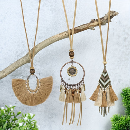 Boho-Chic 3pcs Set: Vintage-Inspired Tassel & Flower Pendant Necklaces with Rhinestone Accents - Zinc Alloy, Antique Bronze Finish for Casual Attire