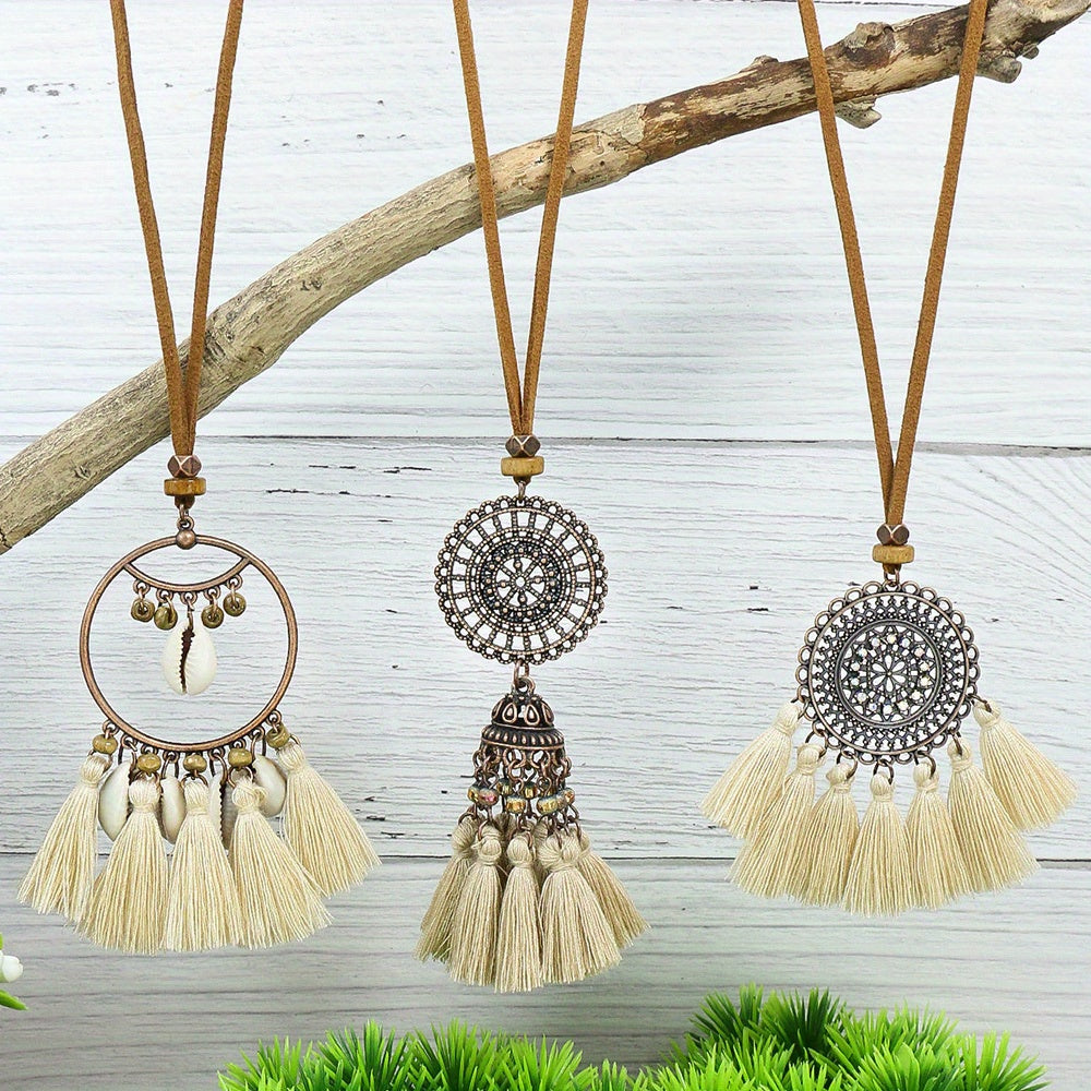Boho-Chic 3pcs Set: Vintage-Inspired Tassel & Flower Pendant Necklaces with Rhinestone Accents - Zinc Alloy, Antique Bronze Finish for Casual Attire