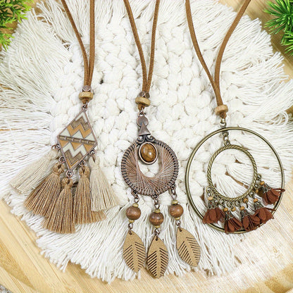 Boho-Chic 3pcs Set: Vintage-Inspired Tassel & Flower Pendant Necklaces with Rhinestone Accents - Zinc Alloy, Antique Bronze Finish for Casual Attire